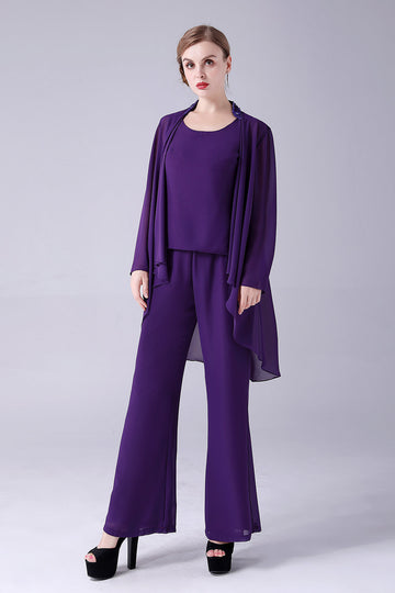 Purple Long Sleeves 3 Pieces Mother of the Bride Pant Suits